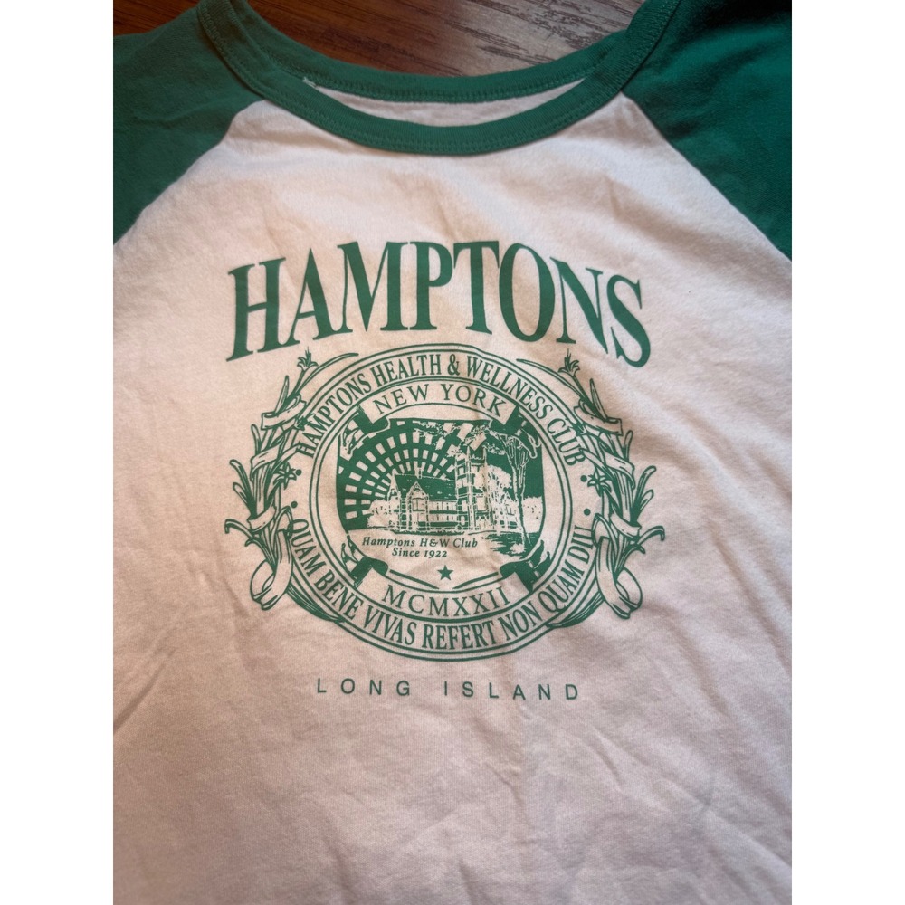 Hollister Womens M Hamptons Graphic Crop Baby Tee Raglan Green White Y2K - Picture 2 of 3